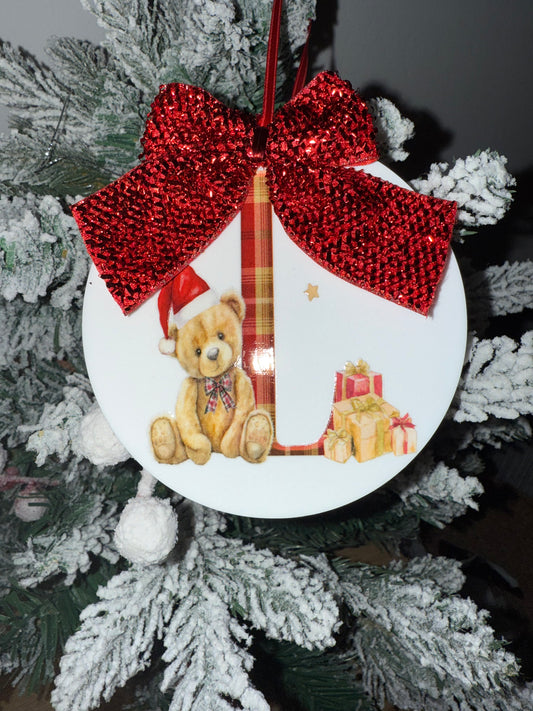 Personalised Christmas Teddy with Tartan Initial Bauble