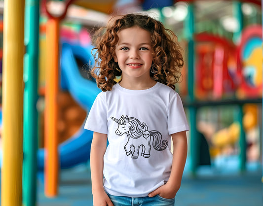Childrens colour in again and again T shirt- Unicorn Design