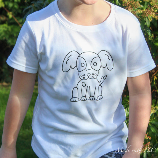 Childrens colour in again and again T shirt- Dog Design