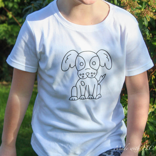 Childrens colour in again and again T shirt- Dog  Design