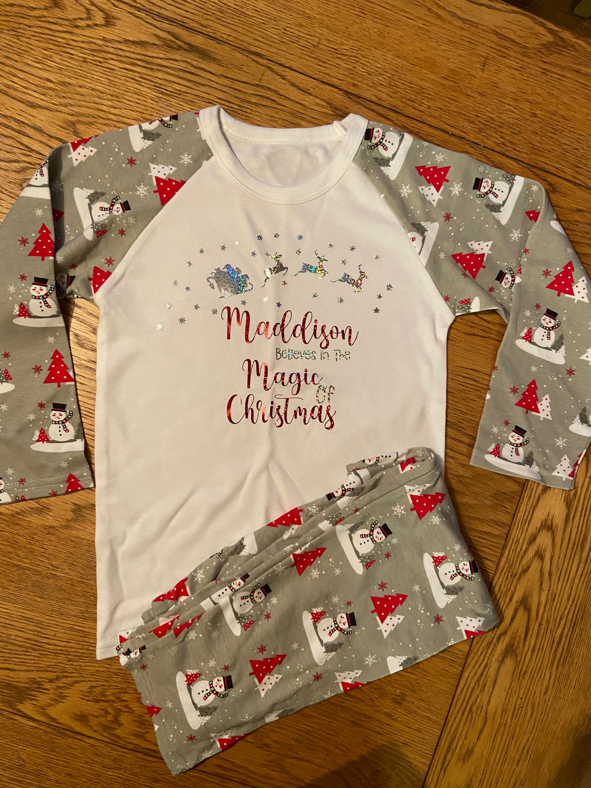 Luxury Personalised Family Christmas Matching Grey & Red Snowmen  PJ'S - Adults