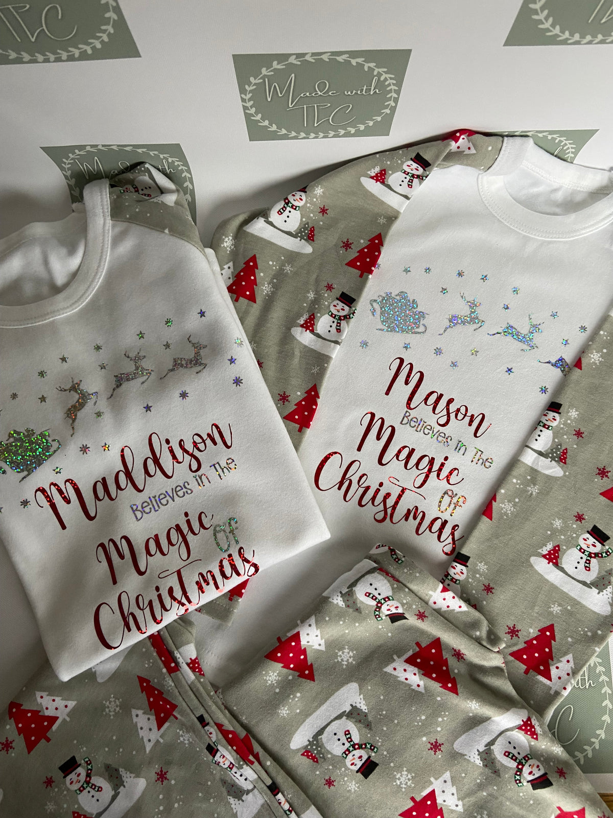 Luxury Personalised Family Christmas Matching Grey & Red Snowmen  PJ'S - Adults