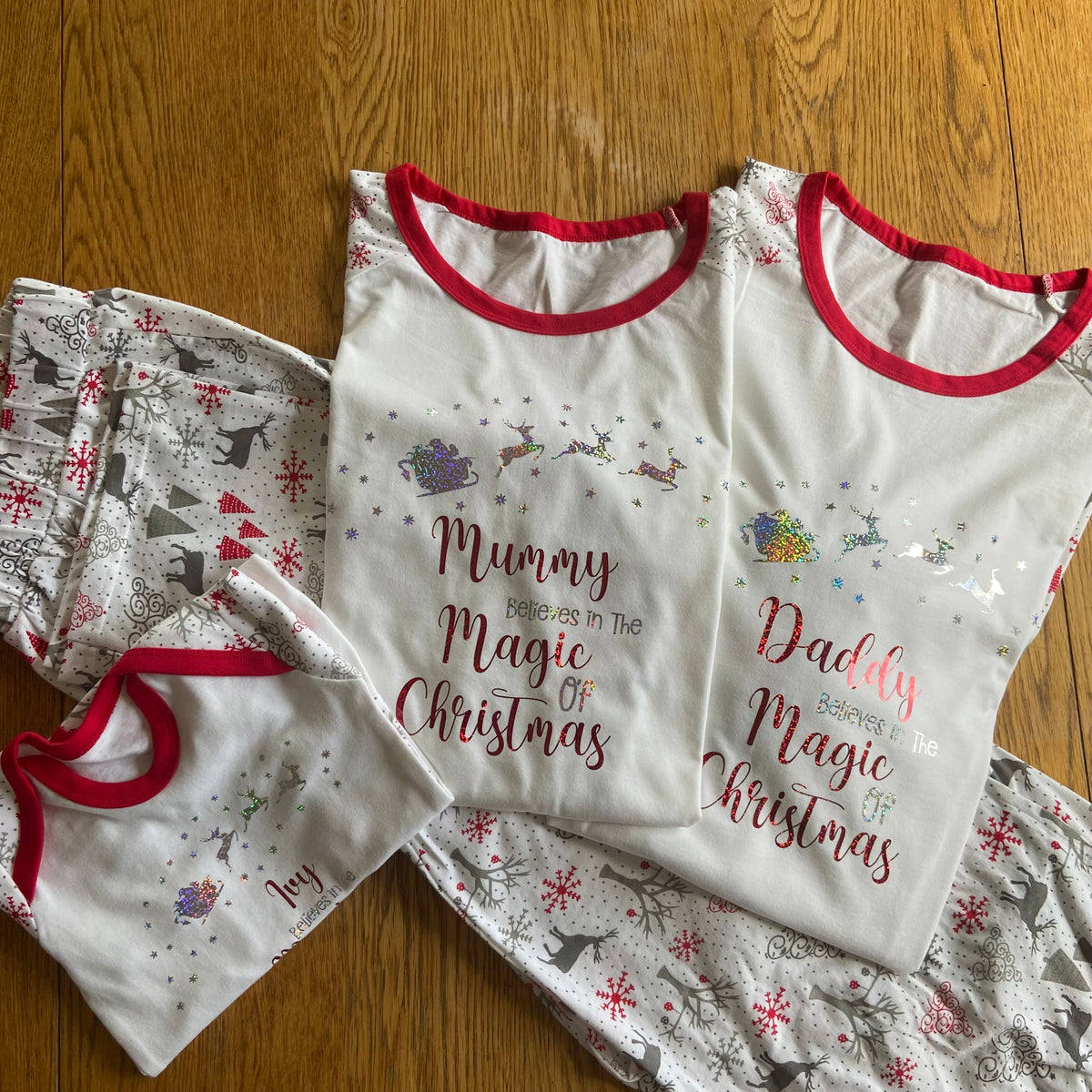 Luxury Personalised Family Christmas Matching Grey & Red Reindeer PJ'S - Adults