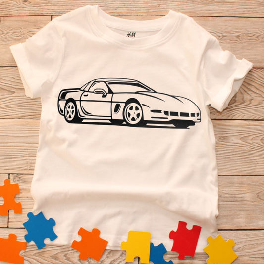 Childrens colour in again and again T shirt- Car Design