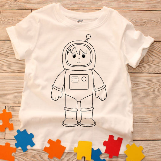Childrens colour in again and again T shirt- Astronaut Design