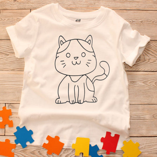 Childrens colour in again and again T shirt- Cat Design